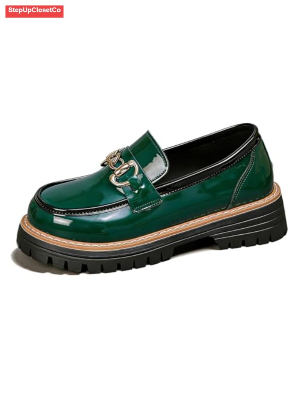 Chunky Heel Penny Loafers for Women Glossy Patent Leather Retro Comfortable